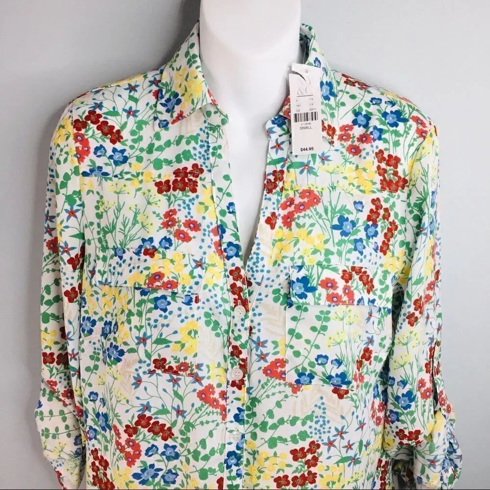 Popover Tunic Blouse roll tab sleeves Floral Colorful Spring Summer NY&Co 2004